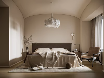 Beige Bedroom Interior With Arched Wall Chandelier Bed Rug And Accent Chair 3d model
