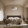 Beige Bedroom Interior With Arched Wall Chandelier Bed Rug And Accent Chair