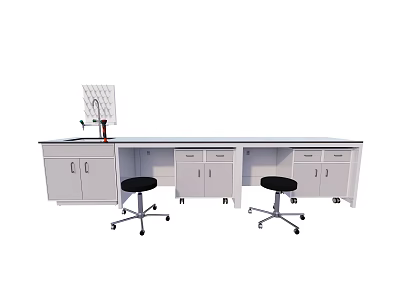 Practical Functional Desk With Multiple Cabinets Drawers Rolling Stools And Upper Storage Shelf 3d model