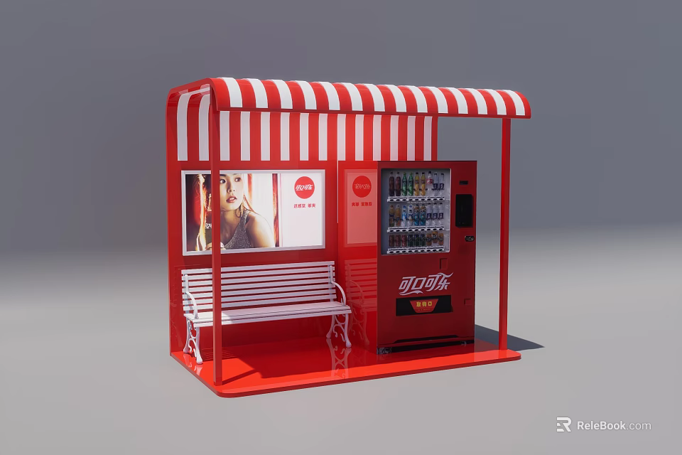 Outdoor Public Bench With Red Kiosk Red White Striped Awning And Coca Cola Vending Machine 3d model 