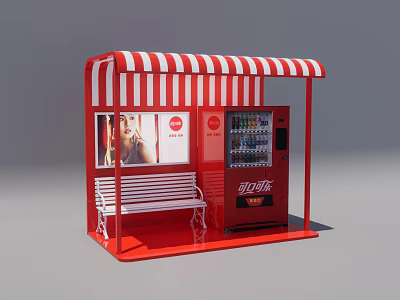 Outdoor Public Bench With Red Kiosk Red White Striped Awning And Coca Cola Vending Machine 3d model