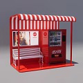 Outdoor Public Bench With Red Kiosk Red White Striped Awning And Coca Cola Vending Machine