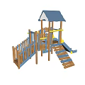 Outdoor Playground Equipment With Blue Roof Wooden Structure Double Slides And Yellow Accents For Kids