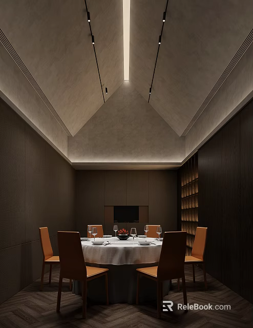 Elegant Private Dining Room Interior With Round Table Tableware And Dark Walls 3d model