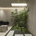 Modern Hotel Room Interior With Fireplace Gray Walls Bed And Decorative Lighting