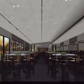Modern Restaurant Interior Featuring Spacious Dining Area Wooden Tables Large Windows And Green Plants