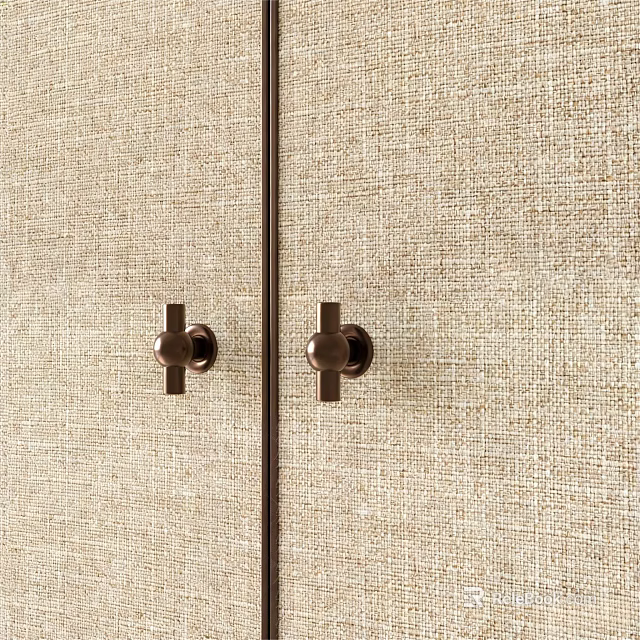 Elegant Brass Door Handles Mounted On Beige Textured Fabric Cabinet Panels 3d model 