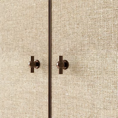 Elegant Brass Door Handles Mounted On Beige Textured Fabric Cabinet Panels 3d model