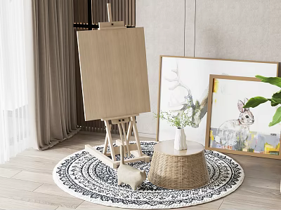 Art Supplies Setup With Easel Picture Frames Animal Prints Vase And Green Plant 3d model