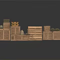 Daily Necessities Storage With Stacked Various Sizes Wooden Crates And Green Sacks