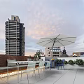 Home Balcony With White Umbrella Blue Chairs Table And City Sunset View