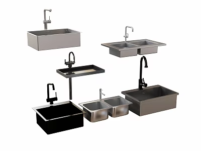 Various Styles Of Modern Stainless Steel Sinks With Single Double Basin And Faucets 3d model
