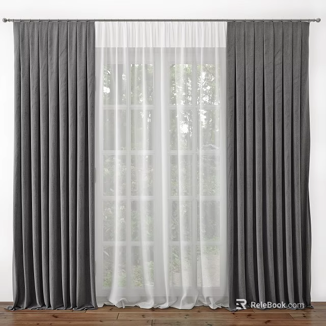 Dark Gray Thick Curtains With White Sheer Inside For Window Light And Tree Shadows 3d model 
