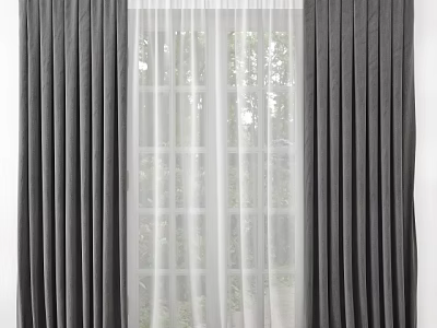 Dark Gray Thick Curtains With White Sheer Inside For Window Light And Tree Shadows 3d model