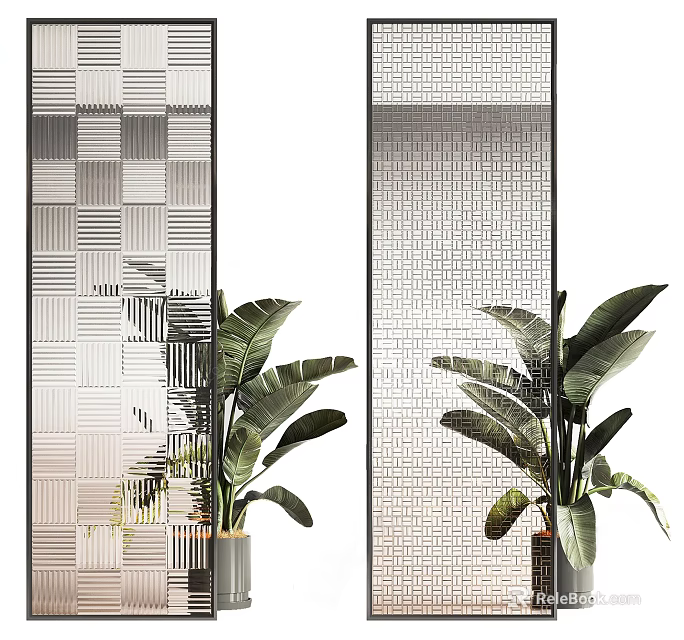 Modern Decorative Room Divider With Geometric Pattern And Green Plants 3d model 
