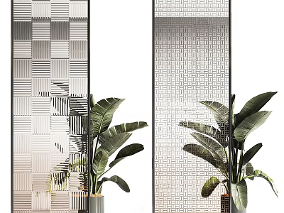 Modern Decorative Room Divider With Geometric Pattern And Green Plants 3d model