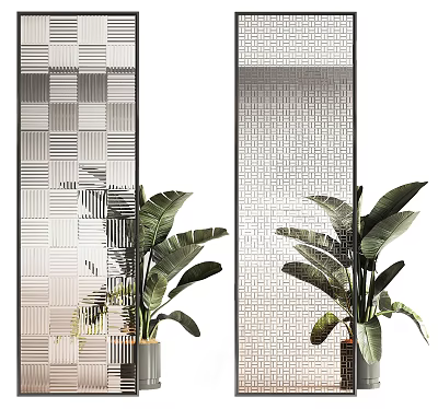Modern Decorative Room Divider With Geometric Pattern And Green Plants 3d model