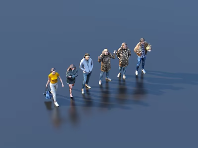 Group of people walking together on reflective surface in casual outfits carrying bags 3d model