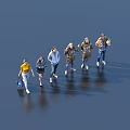 Group of people walking together on reflective surface in casual outfits carrying bags