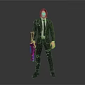 Game Movie Character Man in Black Suit with Torn Details Holding Gun Against Gray Background