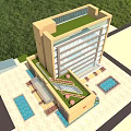 Modern Office Building Exterior With Glass Curtain Wall Yellow Facade And Landscaped Entrance