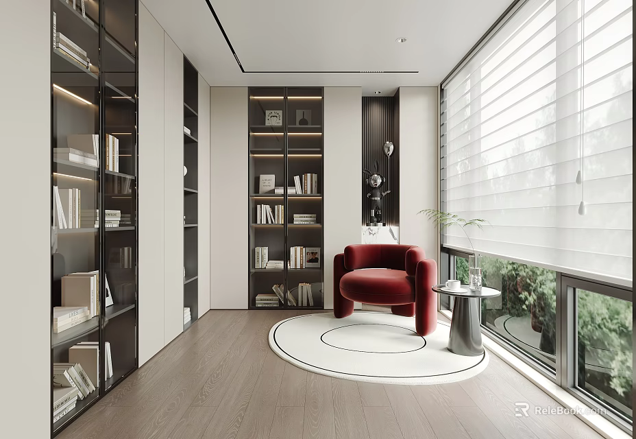 Modern Study Room Interior With Built in Bookshelves Red Armchair Round Rug And Large Windows 3d model 