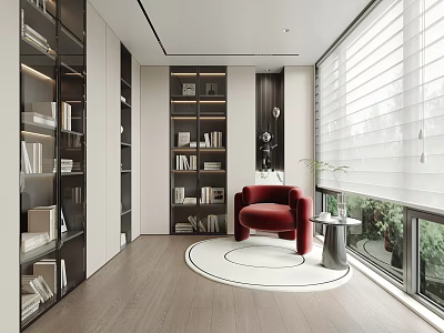 Modern Study Room Interior With Built in Bookshelves Red Armchair Round Rug And Large Windows 3d model