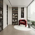Modern Study Room Interior With Built in Bookshelves Red Armchair Round Rug And Large Windows