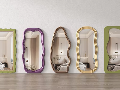 Stylish Mirrors With Colorful Frames Various Shapes Arranged On Wall Reflecting Room Interior 3d model