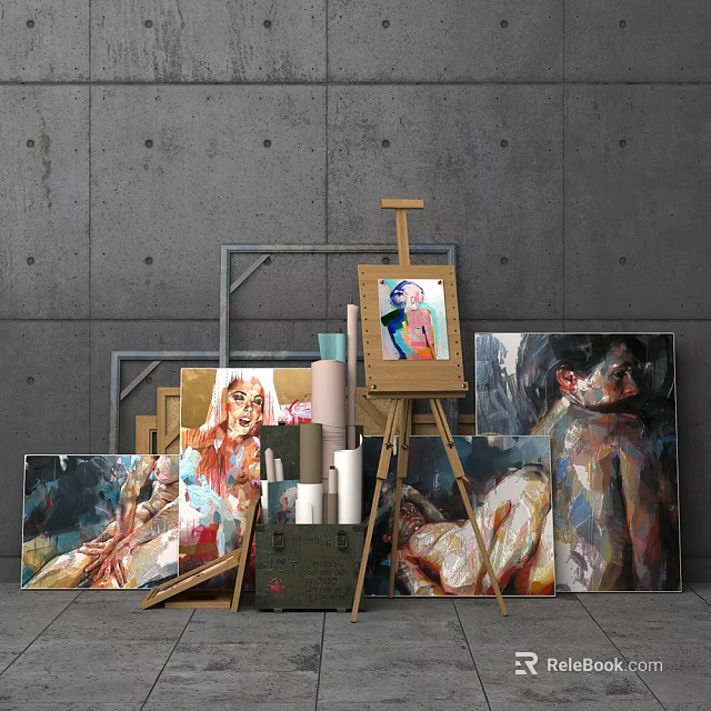 Oil Paintings Collection Featuring Easel Portrait Multiple Canvas Gray Wall Art Supplies 3d model 