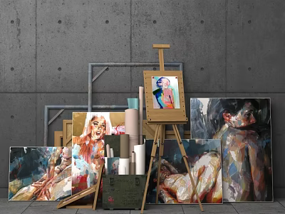 Oil Paintings Collection Featuring Easel Portrait Multiple Canvas Gray Wall Art Supplies 3d model