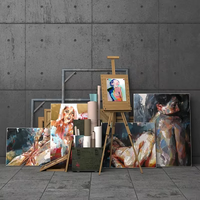 Oil Paintings Collection Featuring Easel Portrait Multiple Canvas Gray Wall Art Supplies 3d model