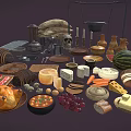 Vintage Kitchen Food And Utensils Collection With Roast Chicken Cheese Bread Fruits And Bowls