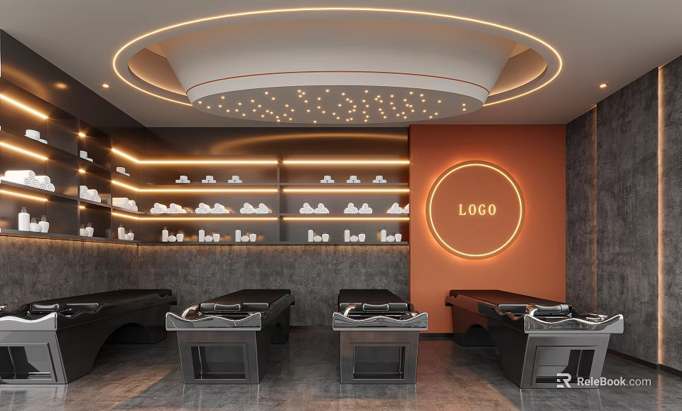 Modern Beauty Hair Salon Interior Design With Shampoo Stations Product Shelves And Logo Lighting 3d model 