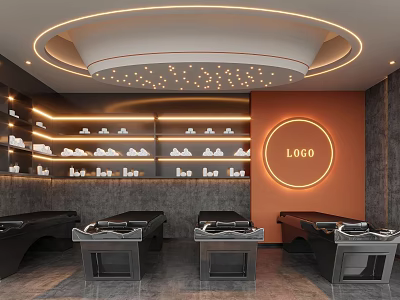 Modern Beauty Hair Salon Interior Design With Shampoo Stations Product Shelves And Logo Lighting 3d model
