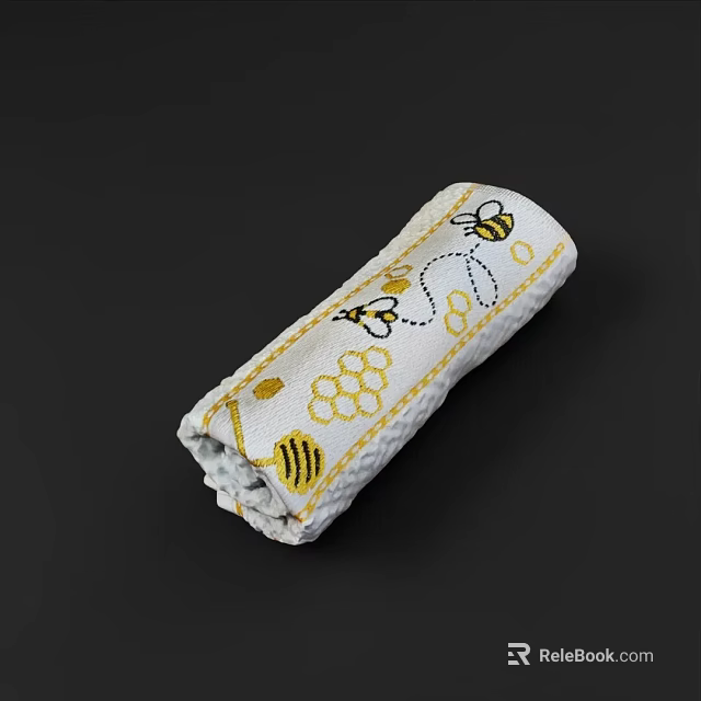 Decorative White Towel With Cute Bee And Honeycomb Pattern Rolled Neatly 3d model 