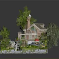 Miniature Scenic Landscape With Cottage Lush Trees Garden Stream Patio And Colorful Flowers