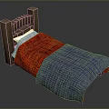 Wooden Bed With Red And Blue Quilt And White Pillows For Bedroom