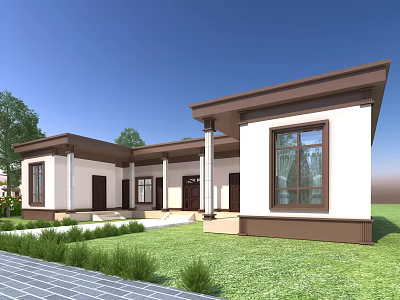 Modern Single Family House Exterior With Lawn Greenery Stone Path And Large Windows 3d model