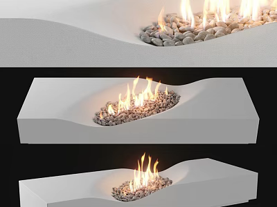 Modern Sleek White Fireplace Design Featuring Flames And Pebbles In Stylish Look 3d model