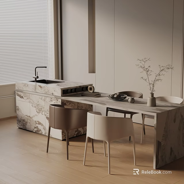 Modern Dining Table Set With Marble Countertop Kitchen Island And White Brown Chairs Interior 3d model 