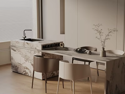 Modern Dining Table Set With Marble Countertop Kitchen Island And White Brown Chairs Interior 3d model