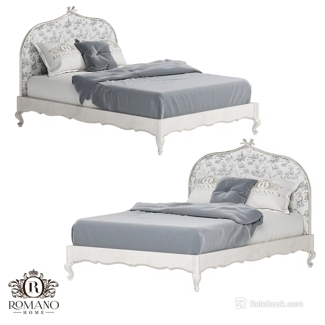 European Style Double Bed With Carved Headboard White Frame And Gray Bedding 3d model 
