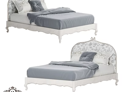 European Style Double Bed With Carved Headboard White Frame And Gray Bedding 3d model