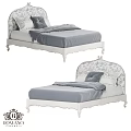 European Style Double Bed With Carved Headboard White Frame And Gray Bedding
