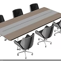 Modern Office Desk With Wooden Top Gray Center Strip And Surrounding Black White Wheeled Chairs