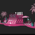 Instagrammable Summer Photo Spot With Pink Theme Palm Trees And Striped Lounge Chairs