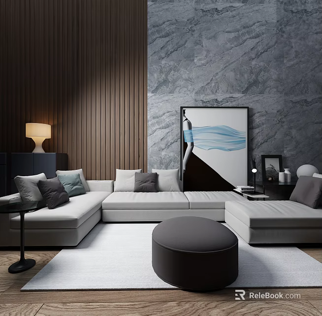 Light Gray Sectional Sofa in Modern Living Room with Wooden Wall Marble Accent and Ottoman 3d model 