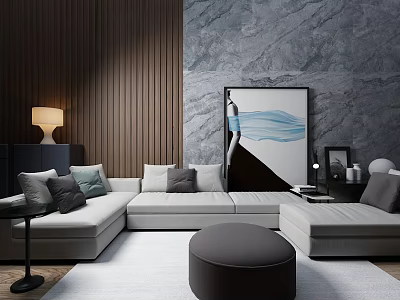 Light Gray Sectional Sofa in Modern Living Room with Wooden Wall Marble Accent and Ottoman 3d model