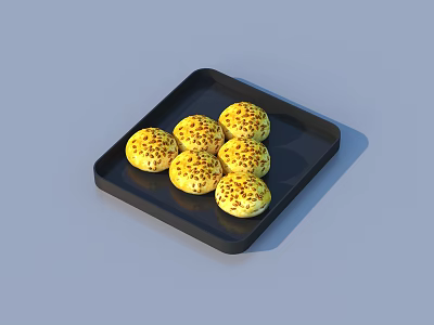 Black Tray With Six Yellow Spotted Round Pastries For Daily Use 3d model